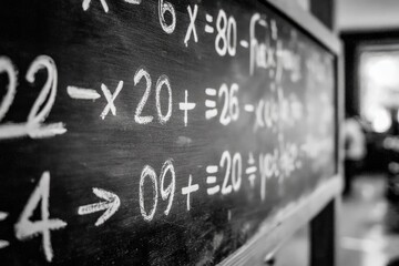 Close-up of a chalkboard with mathematical equations written in white chalk
