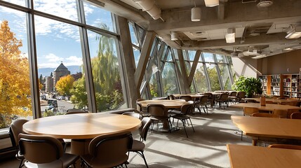 Fototapeta premium Modern university library reading area with large windows allowing abundant natural light and blank tabletop space for educational promotional content or study materials.