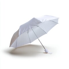 A plain white travel size umbrella, isolated on a pure white background. Weather protection, compact.