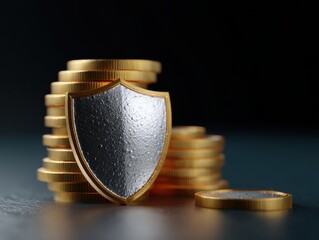 Conceptual image of a shield protecting a stack of digital coins, cybersecurity in finance. Security, asset protection.