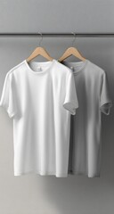 Two plain white and gray t-shirts hanging on a wooden hanger
