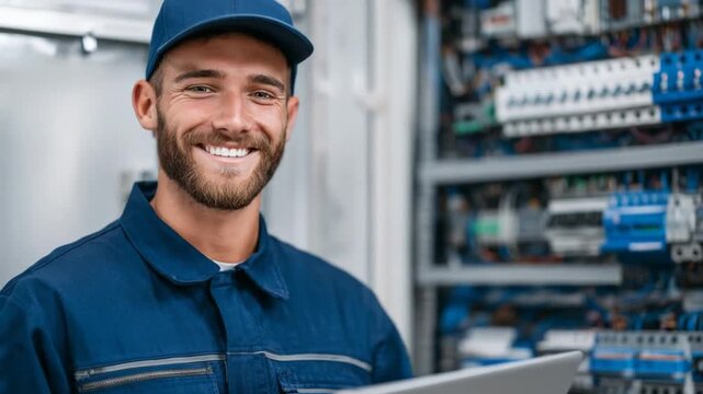 Smiling Electrician in Uniform by Electrical Panel Expertise and Professionalism.