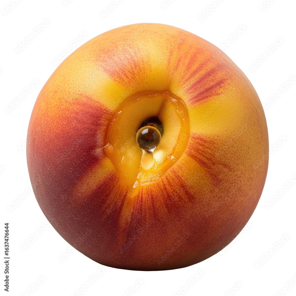Poster photorealistic macro of a ripe, fuzzy peach with a bruise and glistening translucent juice drop, iso