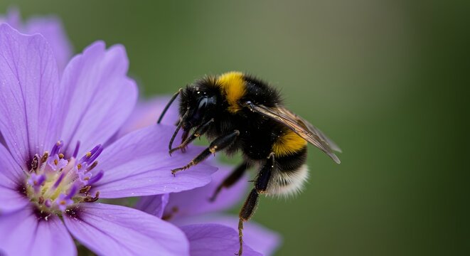Bumblebee on purple flower close up