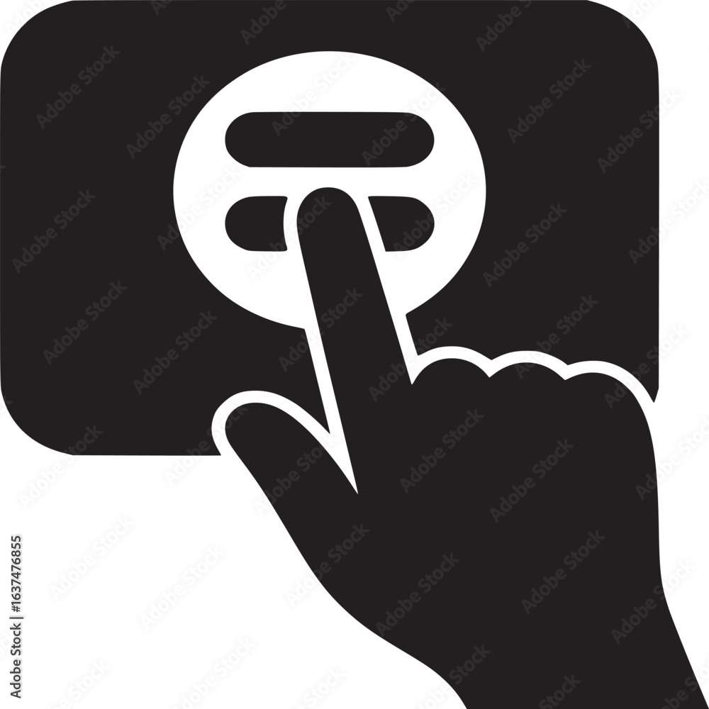 Poster a black and white illustration of a hand pressing a button with horizontal lines in a circle shape