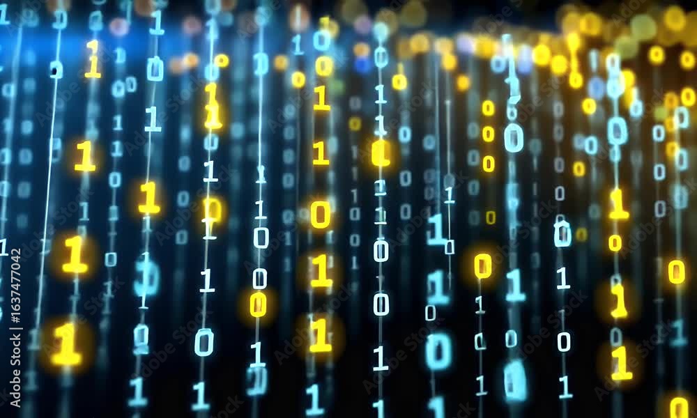 Poster Abstract background with blue and yellow binary code, light rays, and a digital data stream on a dark backdrop. A digital technology concept with glowing dots 