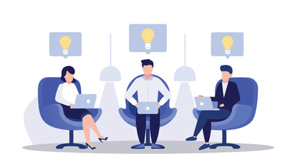 Three people sitting in chairs with laptops under lightbulbs brainstorming ideas together at work