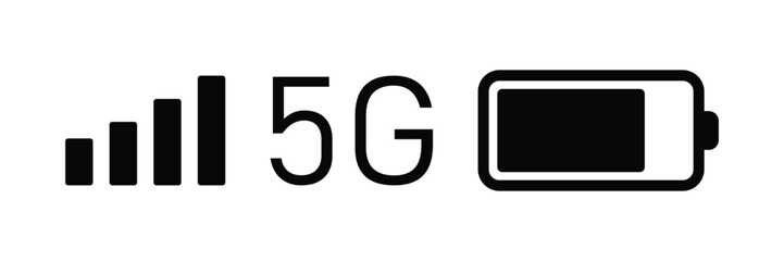 Smartphone status bar. Mobile phone 5g network and battery status icons. Transparent PNG and vector illustration.