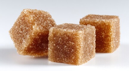Three light brown sugar cubes, close-up