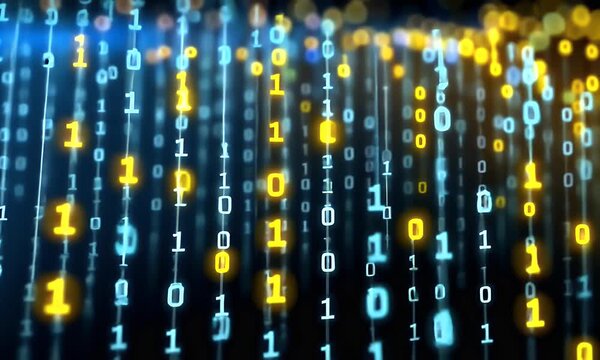 Abstract background with blue and yellow binary code, light rays, and a digital data stream on a dark backdrop. A digital technology concept with glowing dots 
