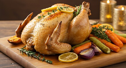 Savor the season with a perfectly roasted whole chicken, tender carrots, and aromatic herbs on a wooden board