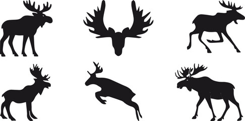 A set of six black silhouette illustrations featuring moose in different stances, including standing, running, and a close-up of antlers.