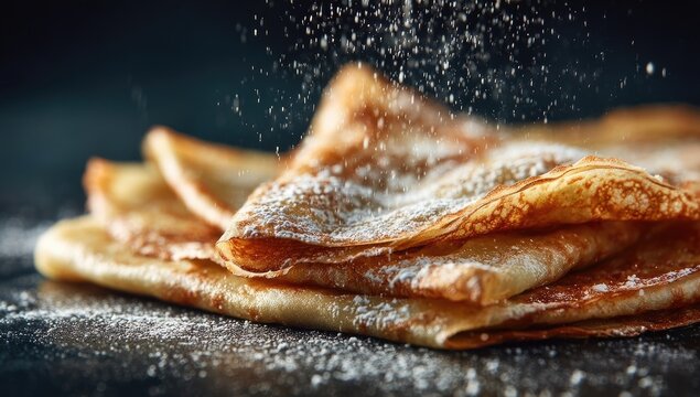 Stack of golden brown crepes dusted with powdered sugar - Powered by Adobe