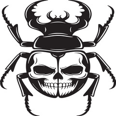 A stylized black and white vector illustration of a beetle with a skull incorporated in its body