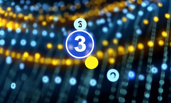 Abstract background with blue and yellow binary code, light rays, and a digital data stream on a dark backdrop. A digital technology concept with glowing dots 