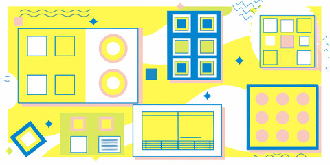 Abstract geometric shapes and patterns in bright yellow blue and pink colors