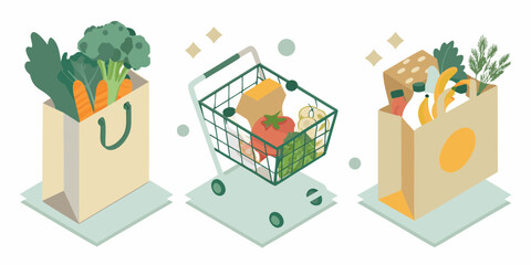 Grocery shopping illustration with fresh produce and shopping cart