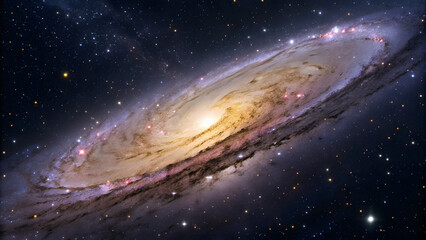 Side view of galaxy with golden core and violet arms