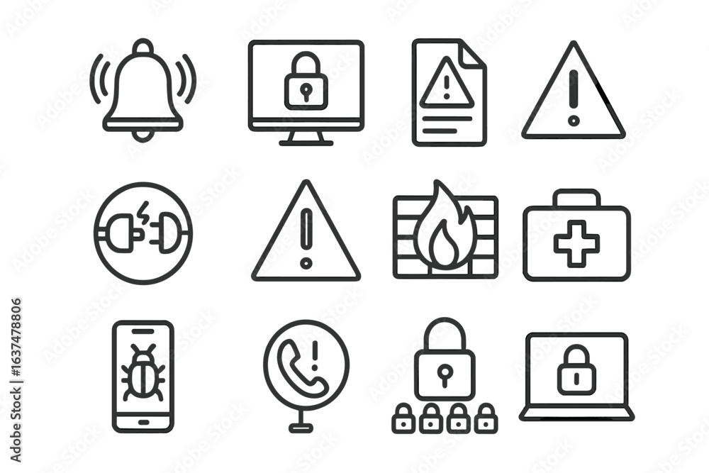 Poster cybersecurity icons illustrating security alerts and data protection techniques