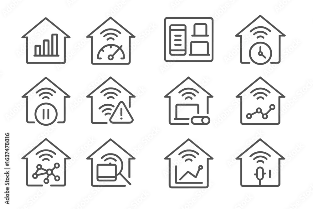 Poster smart home automation icons featuring various control features and graph symbols