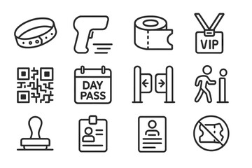 Security and access icons: qr code, vip badge, day pass, entry gate.