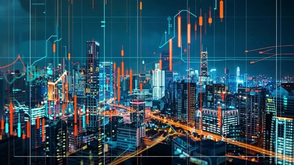 City skyline at night with vibrant lights and digital financial graphs, showcasing urban life and economic growth in modern metropolis filled with investment opportunities. - Powered by Adobe