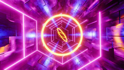 Flying through a tunnel with purple bars and yellow rings. 3D rendering illustration.