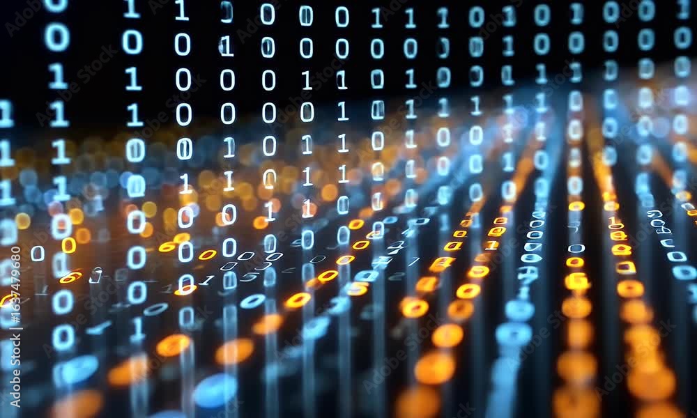 Poster abstract background with blue and yellow binary code, light rays, and a digital data stream on a dar