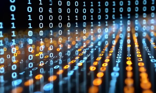 Abstract background with blue and yellow binary code, light rays, and a digital data stream on a dark backdrop. A digital technology concept with glowing dots 
