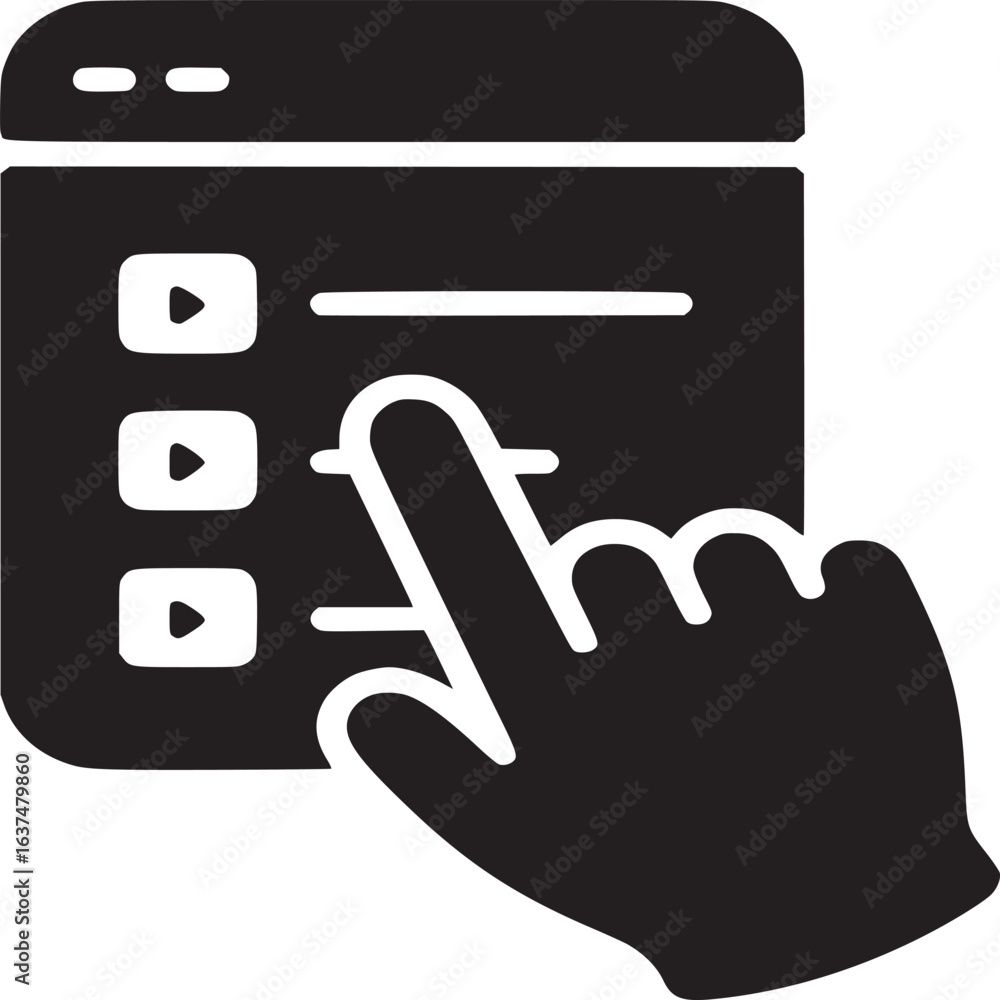Poster a black and white illustration of a hand selecting an option from a list on a screen display