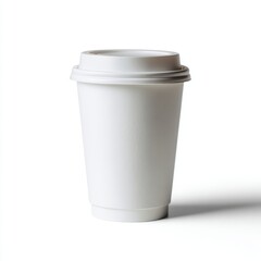 A simple, white paper coffee cup with a graphic design, isolated on a pure white background. Takeaway, branding.
