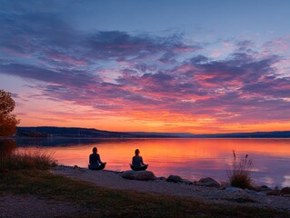 Two figures meditating at sunrise on a lake shore
