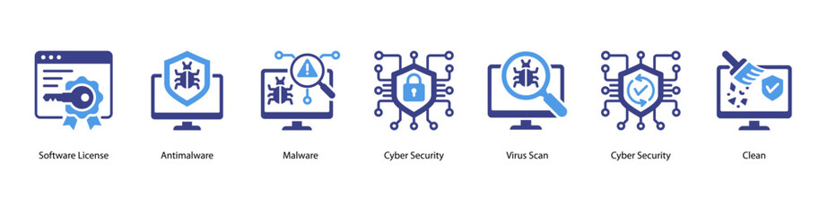 Cyber Hygiene web banner icon vector illustration featuring Software License, Antimalware, Malware, Cyber Security, Virus Scan, Cyber Security, and Clean.