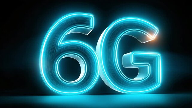 6G luminescent blue cyan neon logo on a black background with a lighting effect