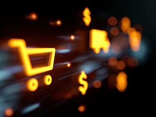 Fototapeta premium Abstract background of glowing online shopping icons (cart, dollar, delivery truck), digital ecosystem. Convenience, speed. Vibrant.