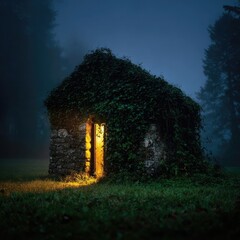 Stone hut, overgrown with ivy, lit from within at night