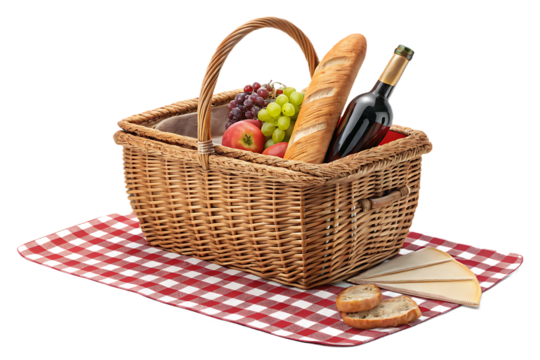 Wicker picnic basket filled with fresh bread, grapes, apples, wine bottle on checkered cloth, isolated on a transparent background