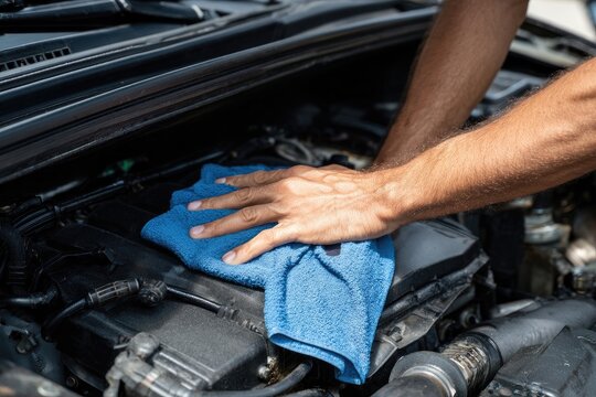Person cleaning car engine with blue cloth