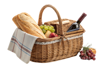 Wicker picnic basket filled with bread, wine bottle, grapes, fruits and striped kitchen towel, isolated on a transparent background