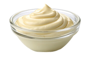 Creamy swirled mayonnaise in clear glass bowl with smooth texture and pale yellow color, isolated on a transparent background