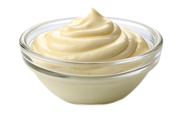 Creamy swirled mayonnaise in clear glass bowl with smooth texture and pale yellow color, isolated on a transparent background