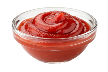 Red tomato sauce or ketchup swirled in a glass bowl, smooth and glossy texture, isolated on a transparent background