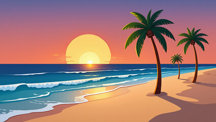 Fototapeta premium Tropical Sunset Beach: A serene coastal landscape at sunset, featuring a golden sun setting over the ocean, palm trees, and a sandy beach.