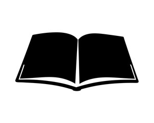 Black silhouette of an open book with pages on a white background