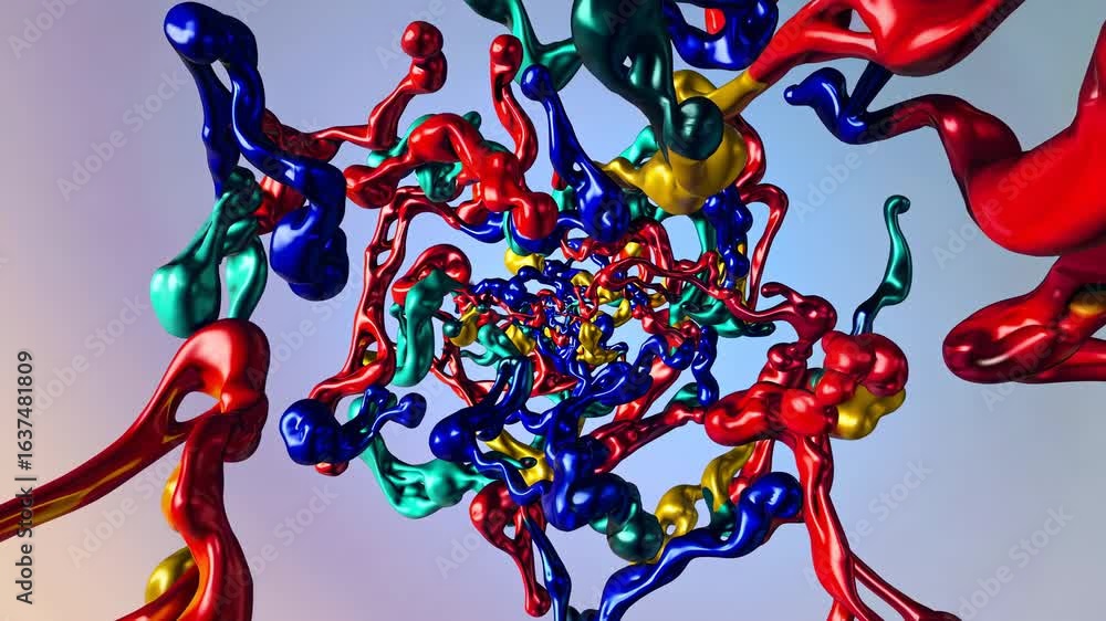 Poster dynamic close-up video of colorful, twisting 3d ribbons in motion, creating a vibrant, abstract spir