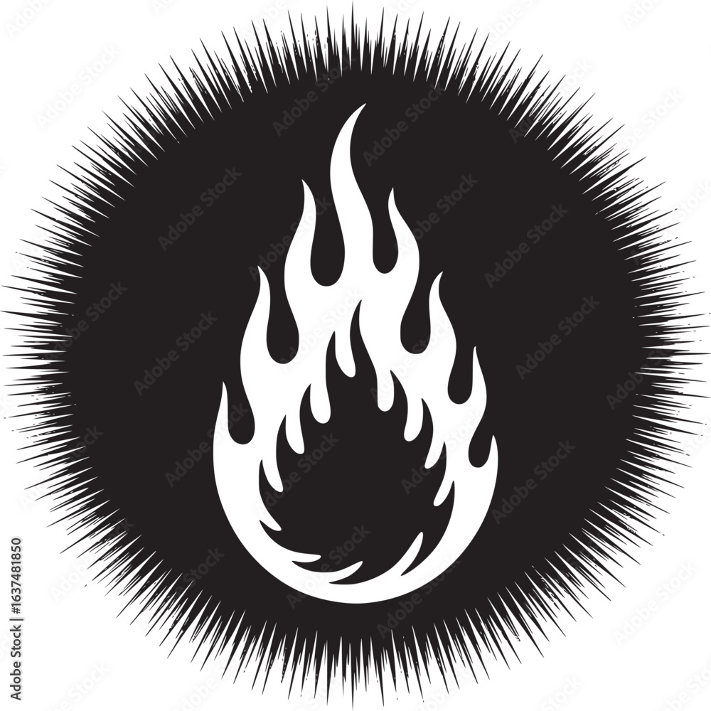 Aufkleber a white flame design in a black circle with a spiky edge on a white background in a simple style