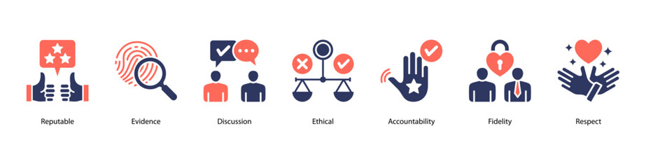 Social Reputation web banner icon vector illustration featuring Reputable, Evidence, Discussion, Ethical, Accountability, Fidelity, and Respect.