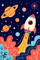 Colorful Rocket Shuttle Launch into Space with Planets and Stars – Flat Vector line Art Illustration