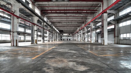 Large empty warehouse with red-white structural details, expansive space, and industrial aesthetic for commercial or architectural visualizations. 