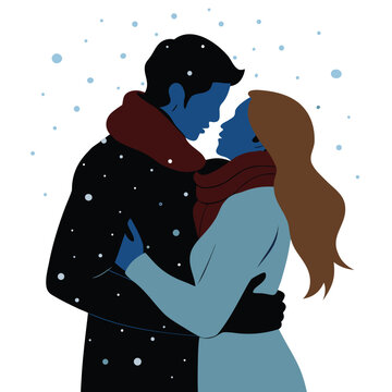 recommend clip art: Romantic Couple Winter Embrace: Snowy Kiss Illustration